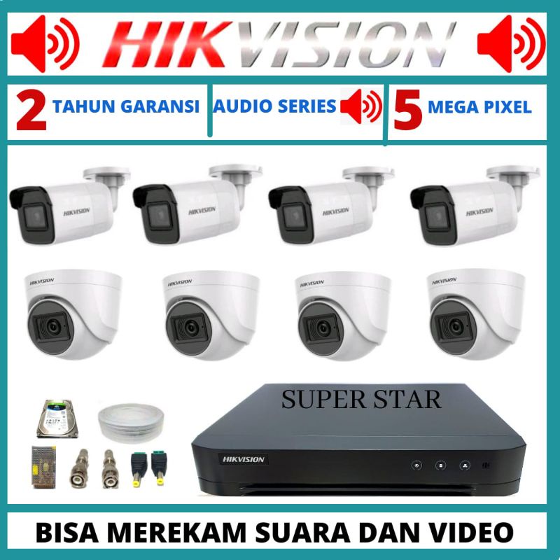 PAKET CCTV HIKVISION 5MP AUDIO 8 CHANNEL 8 KAMERA BISA MEREKAM SUARA DAN VIDEO