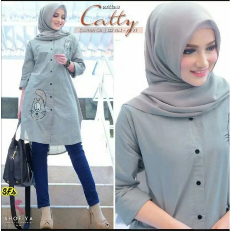 Kemeja wanita catty aksen bordir model terbaru shofiya baju polos model kantor masakini-silver