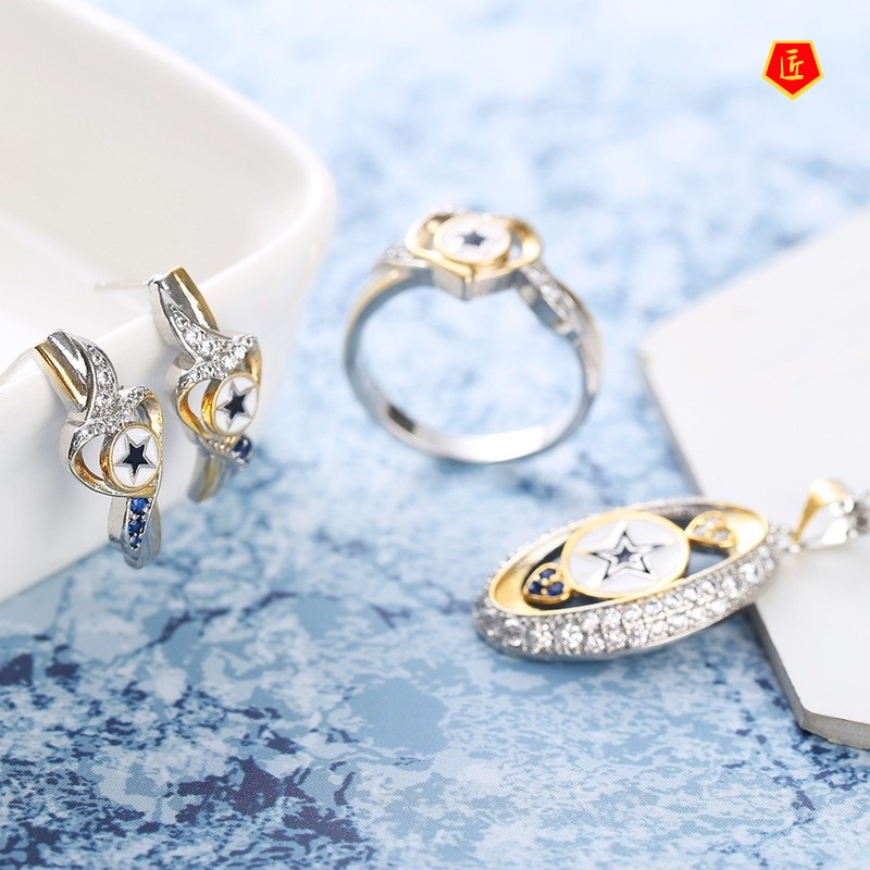 [Ready Stock]Heart-Shaped Two-Color Ear Stud Pendant Ring Set