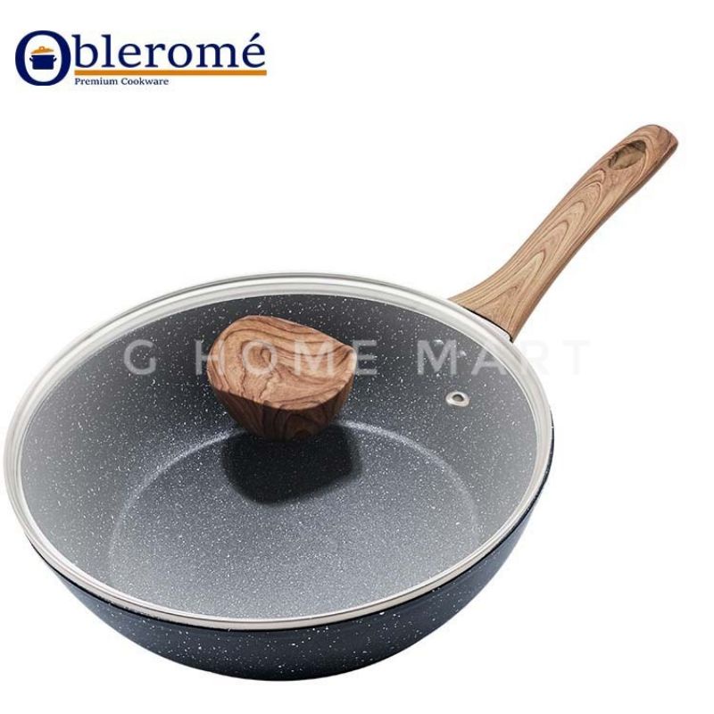 OBLEROME Deep fry pan motif marble 28 cm dengan tutup kaca