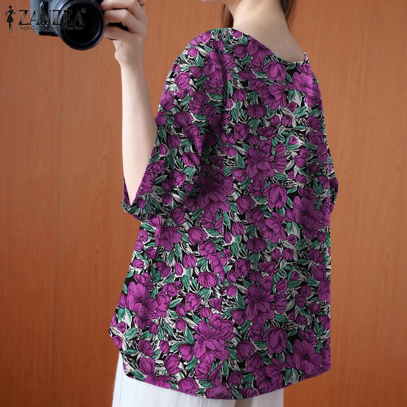 ZANZEA Women Floral Printed Shirts Round Neck Ladies Cocktail Party Blouse