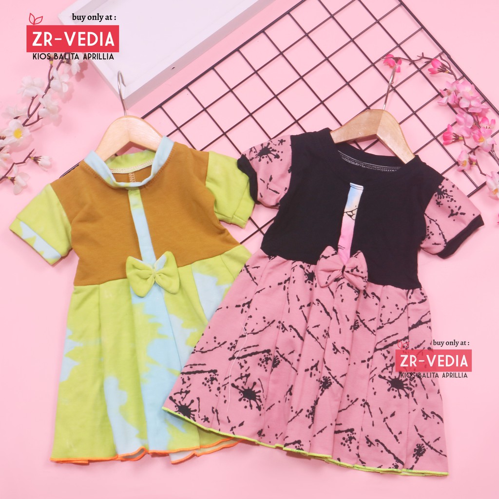 Dress Jasmine size 0-12 Bulan / Dres Bayi Baby Anak Perempuan Baju Lengan Adem Pita Motif Polos ZR-Vedia