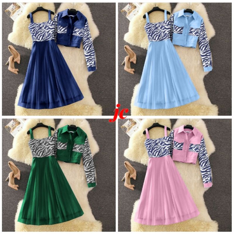 JCTK - Set Gametia / Stelan Dress Wanita / Dress Overall + Outer Fashion Terbaru