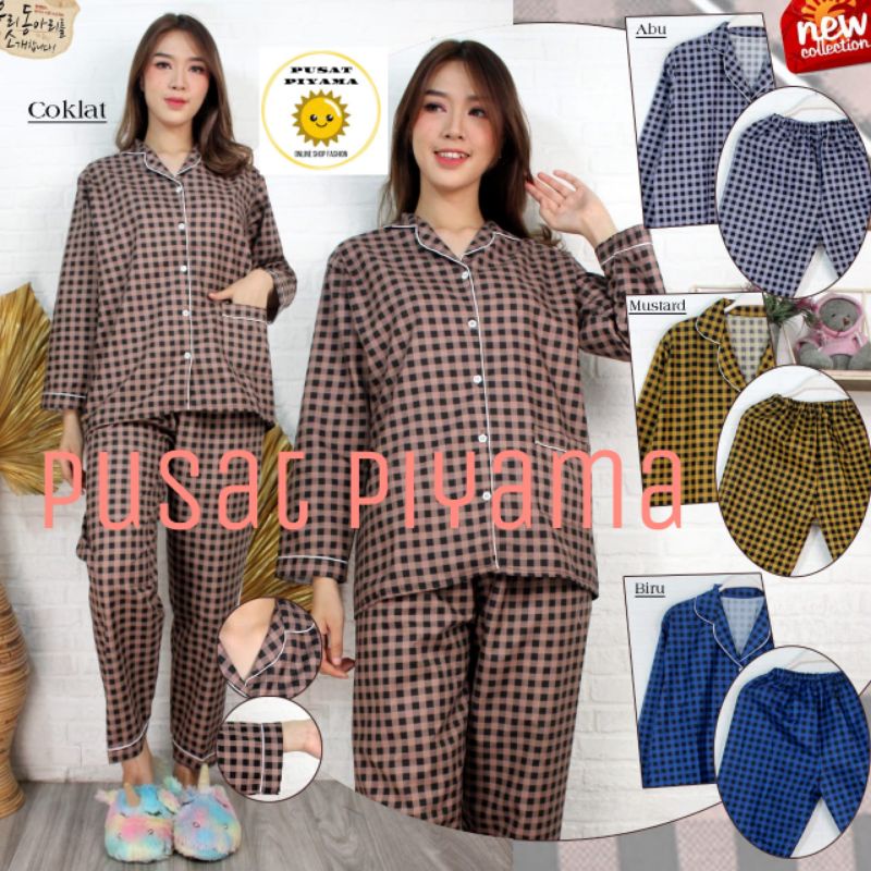 Baju Tidur Cewek Lengan Panjang Dan Lengan Pendek Motif Kotak Piyama Wanita Kekinian Pajamas Dewasa-5