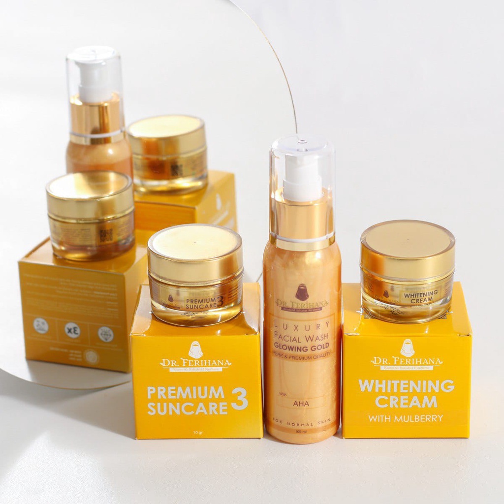 [Paket Glowing Gold] Dr. Ferihana (Luxury Facial Wash &amp; Suncare 03 &amp; Whitening Cream) Tidak Untuk Kulit Berjerawat Mencerahkan Melembabkan Wajah Menghilangkan Flek &amp; Bintik Hitam Skincare Original BPOM