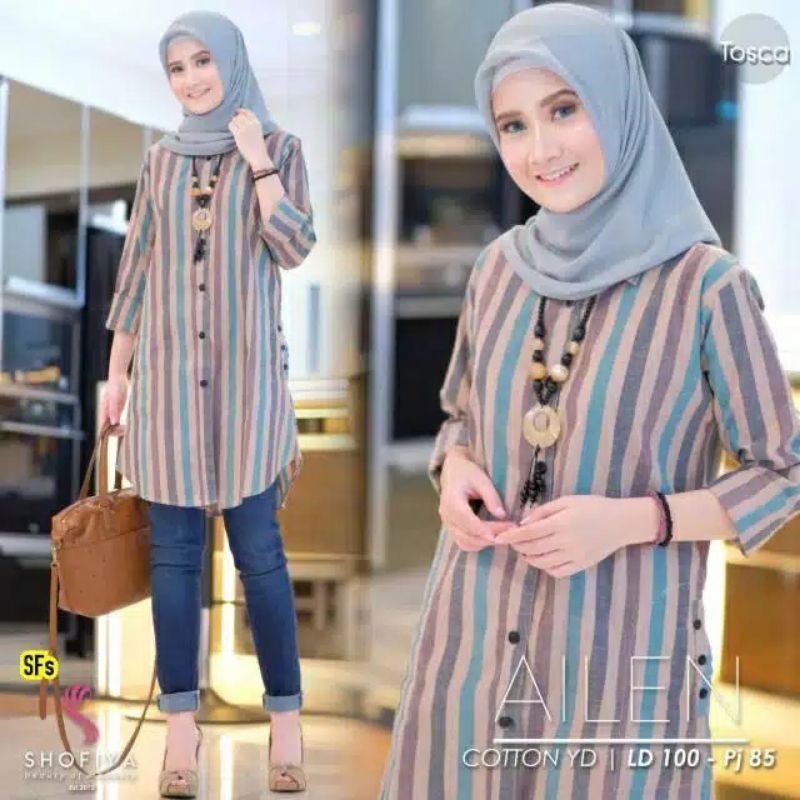 AILEN TUNIK SALUR WARNA STRIEP FULL KANCING DEPAN HIDUP/ FASHION WANITA MUSLIM