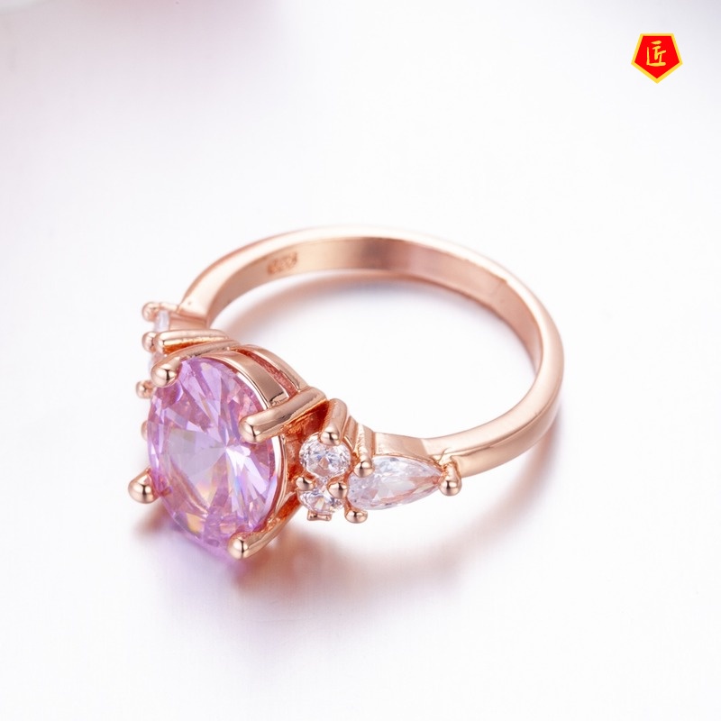 [Ready Stock]Pink Crystal Diamond Ring Fashionable and Elegant