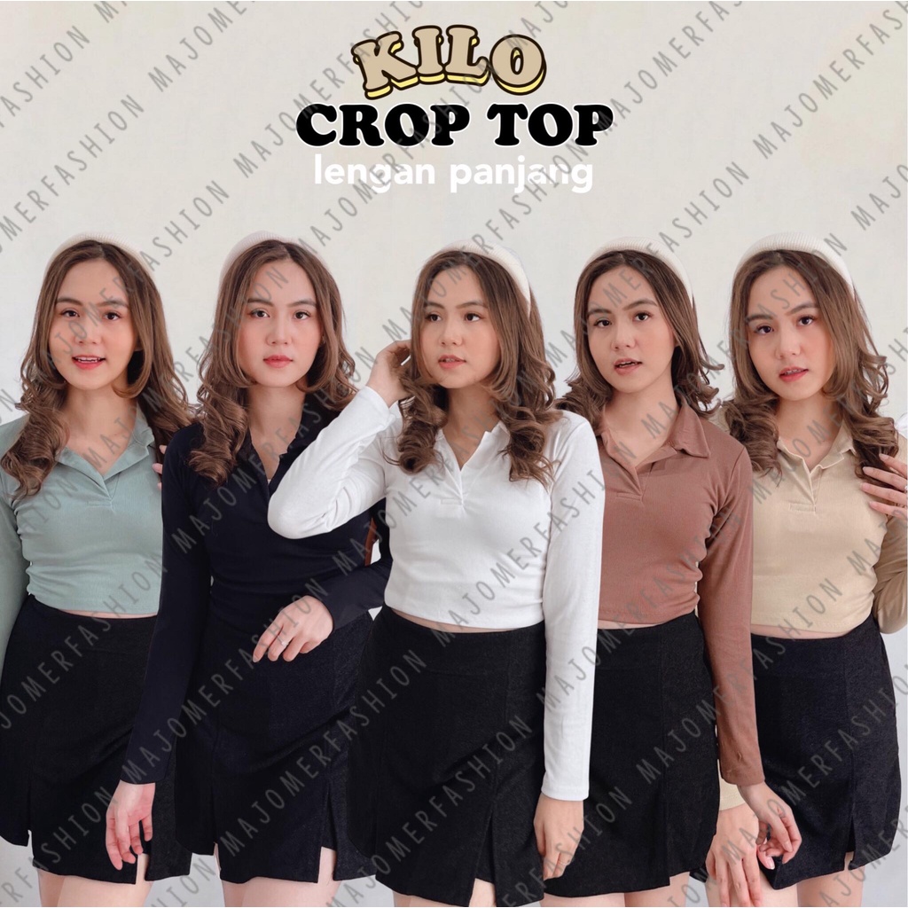 MAJOMER ® | KILO CROP TOP LENGAN PANJANG - CROP TOP V KERAH RIB POLO SHIRT - KAOS WANITA