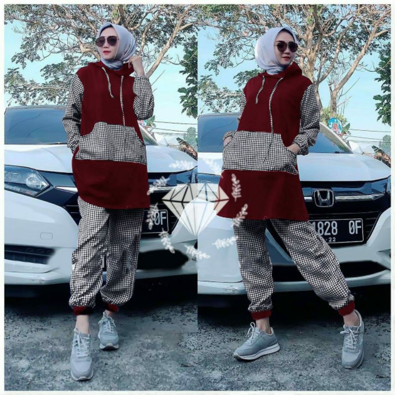 SET TRINITY FASHION PAKAIAN WANITA SETELAN ATASAN TUNIK HOODIE DAN CELANA MS ADA VIDEO REAL PICT