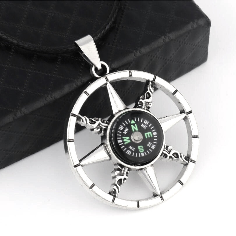 Baru Kompas Tali Kulit Baja titanium Kalung Cowok Dan Cewek Liontin Baja titanium Liontin Pasangan Kalung