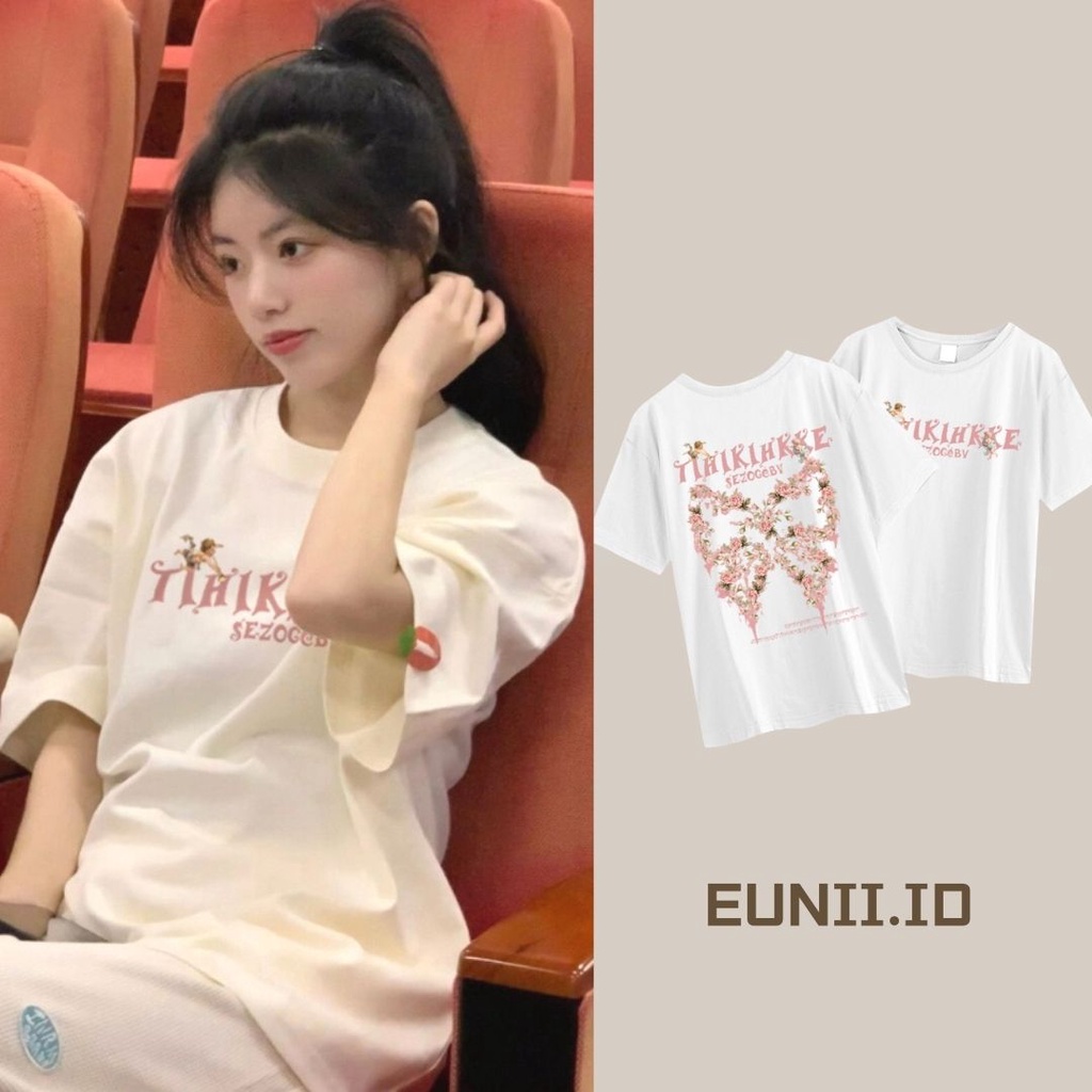 EUNII T-shirt Lengan Pendek Cetakan Busur Malaikat Retro Amerika Putih Korean Style/Kaos Atasan Wanita/Baju Kaus Oversize Wanita