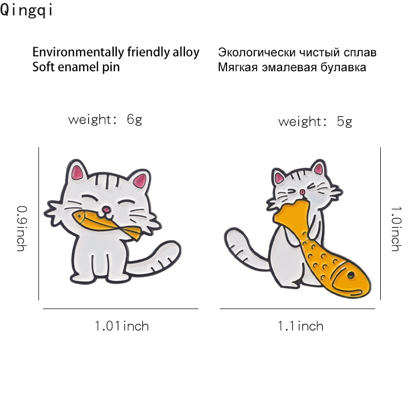 Bros Pin Enamel Bentuk Kartun Kucing Makan Ikan Warna Putih Untuk Anak