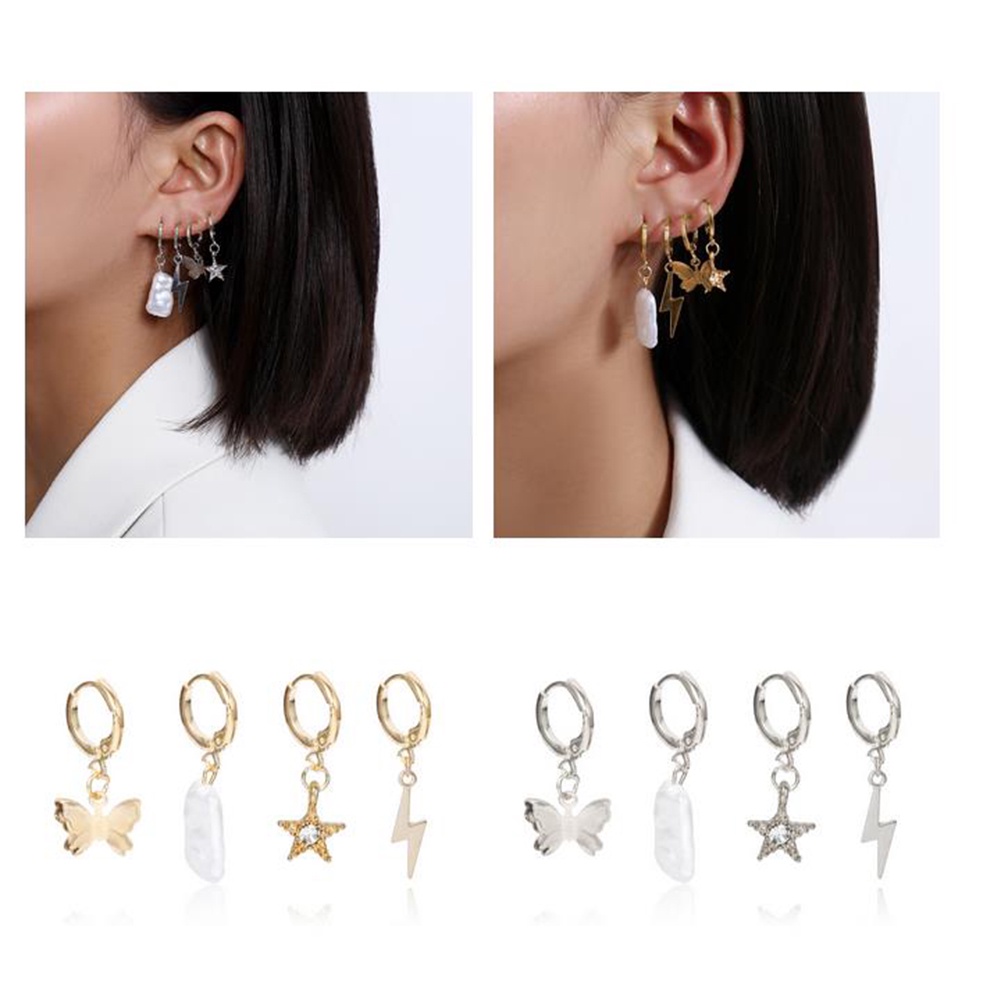 Hu Hu Hu Hu Hu Alat Bantu Pasang Kacamata♡ 4pcs / Set Anting Hoop Desain Tulisan Bintang Butterfly Aksen Berlian Imitasi Untuk Wanita