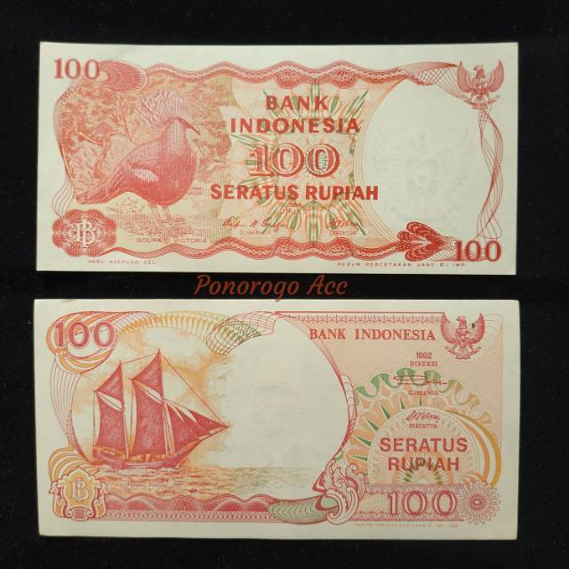 (GRESS) 2 Lembar uang kuno set 100 rupiah tahun 1984 burung dara dan 1992 perahu pinisi