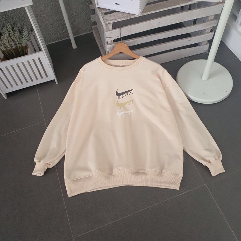 Sweater Korea wanita Sweater JUMBO sweater oversize XXL SWEATER NIK TIGA Cream