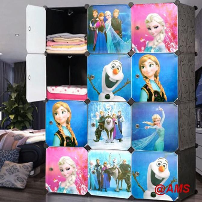 Lemari pakaian plastik rak susun serbaguna lemari baju anak 12P kartun - Hitam FROZEN