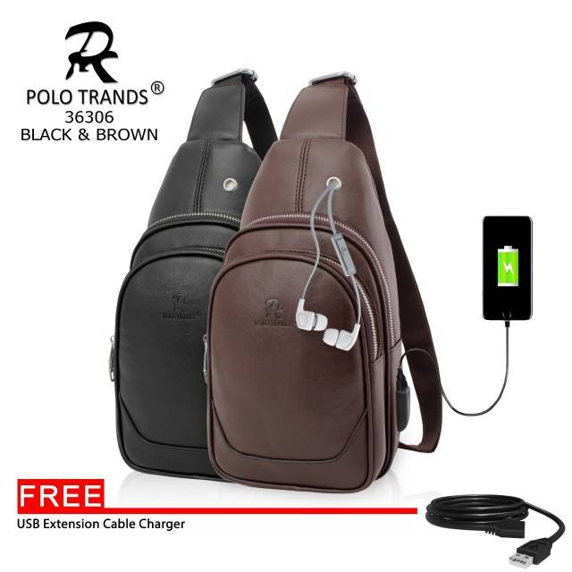 Polo Trands 36306 [ORIGINAL BRANDED] Tas Selempang Kulit FREE Kabel USB Charging Pria/Wanita
