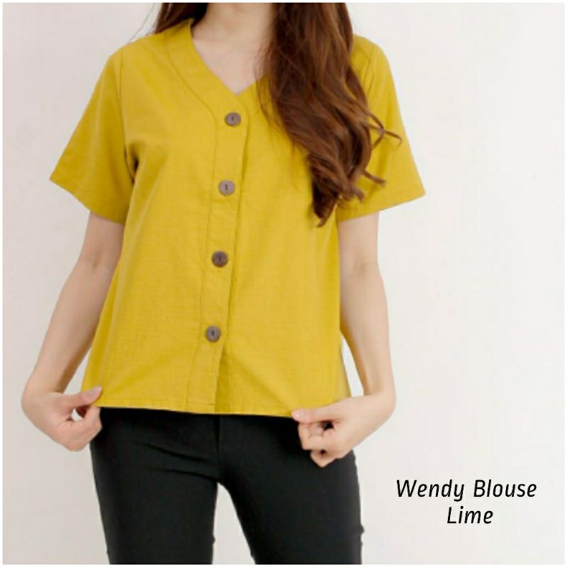 Atasan Blouse Wanita Lengan Pendek Polos Bahan Katun, Wendy Blouse#-Wendy Lime