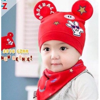 Satu Set Kupluk + Celemek | Bib + Hat Mickey Baseball