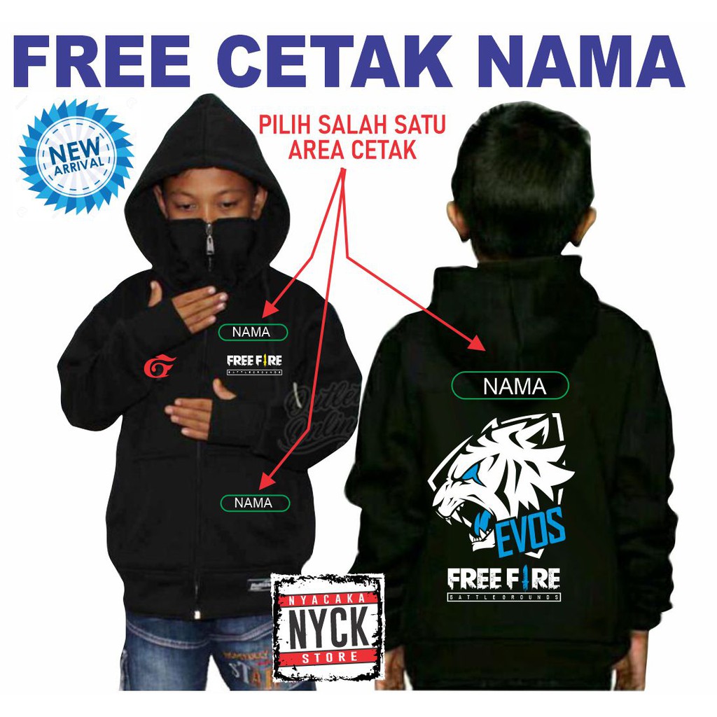 NEW MODEL JAKET FREE FIRE ANAK LAKI LAKI MASKER NINJA USIA 7 - 14 tahun GRATIS TAMBAH SABLON NAMA