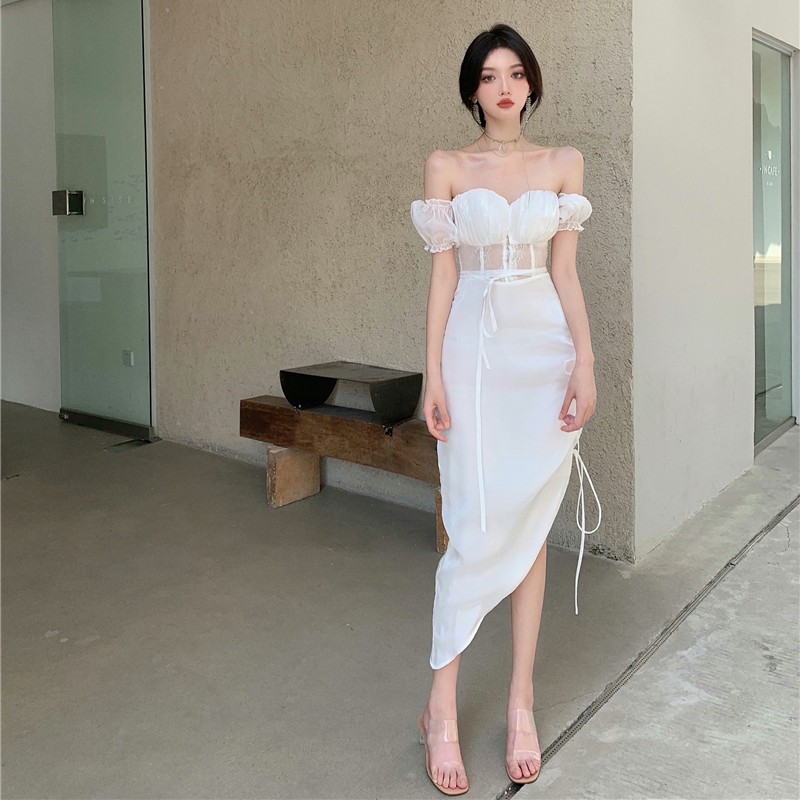 Suhao Gaun Musim Panas Desain Kematangan Cahaya Perancis Baru String Straight Shoulder Bubble Sleeve Gaya Chiffon Dress Wanita Listen