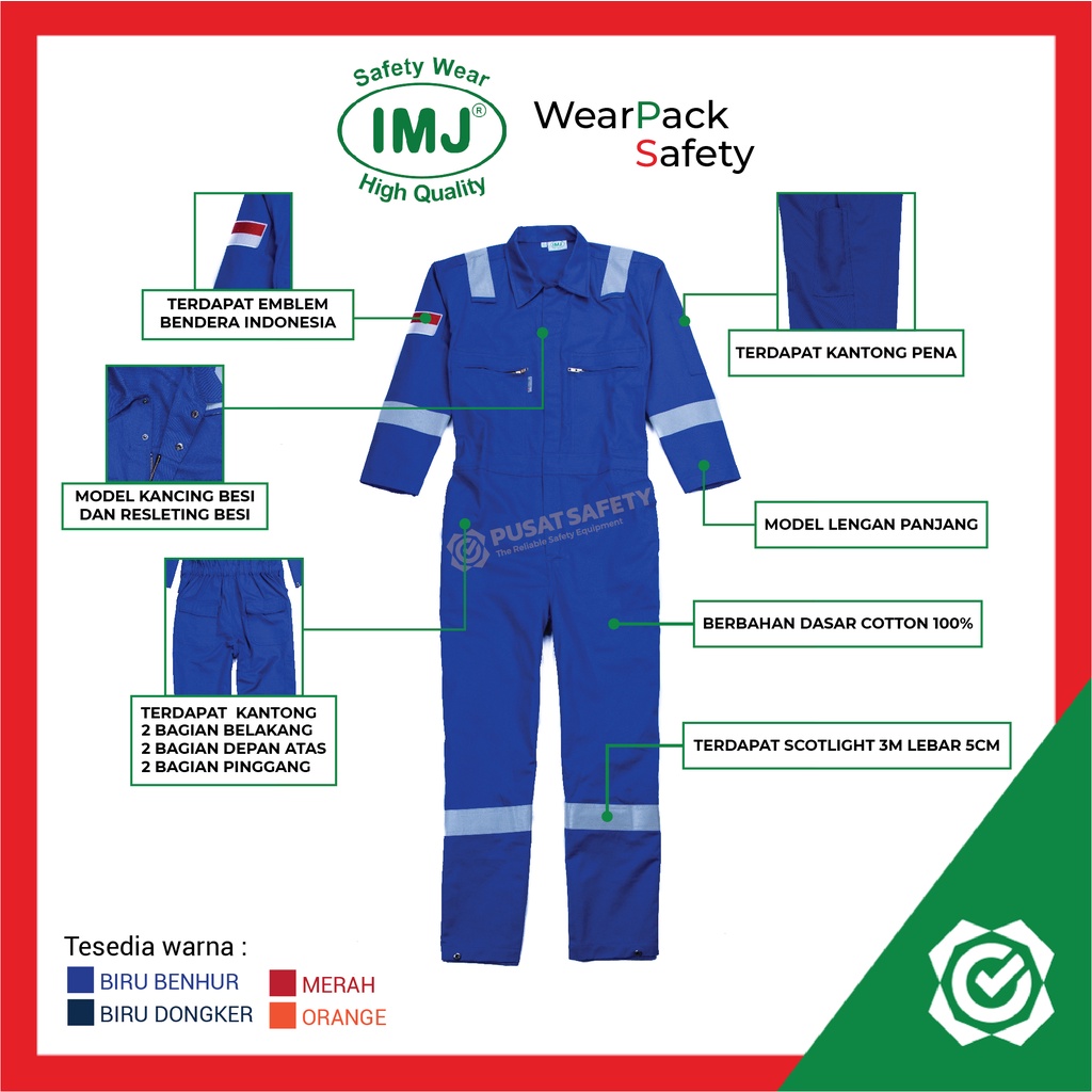 Wearpack Safety Coverall IMJ Full Cotton 3M Baju Seragam Kerja Proyek Tahan Percikan Api