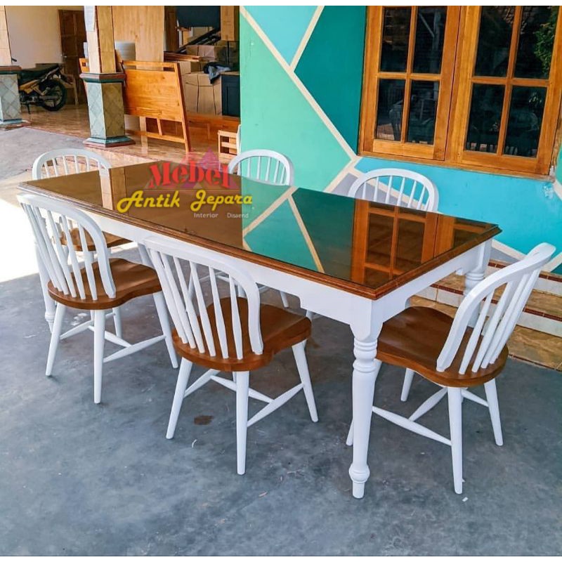 Meja makan minimalis jati cat duco kombinasi natural