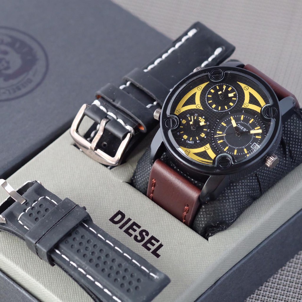 Jam Tangan Cowok Pria Diesel Super Triple Time Tanggal Tali Kulit