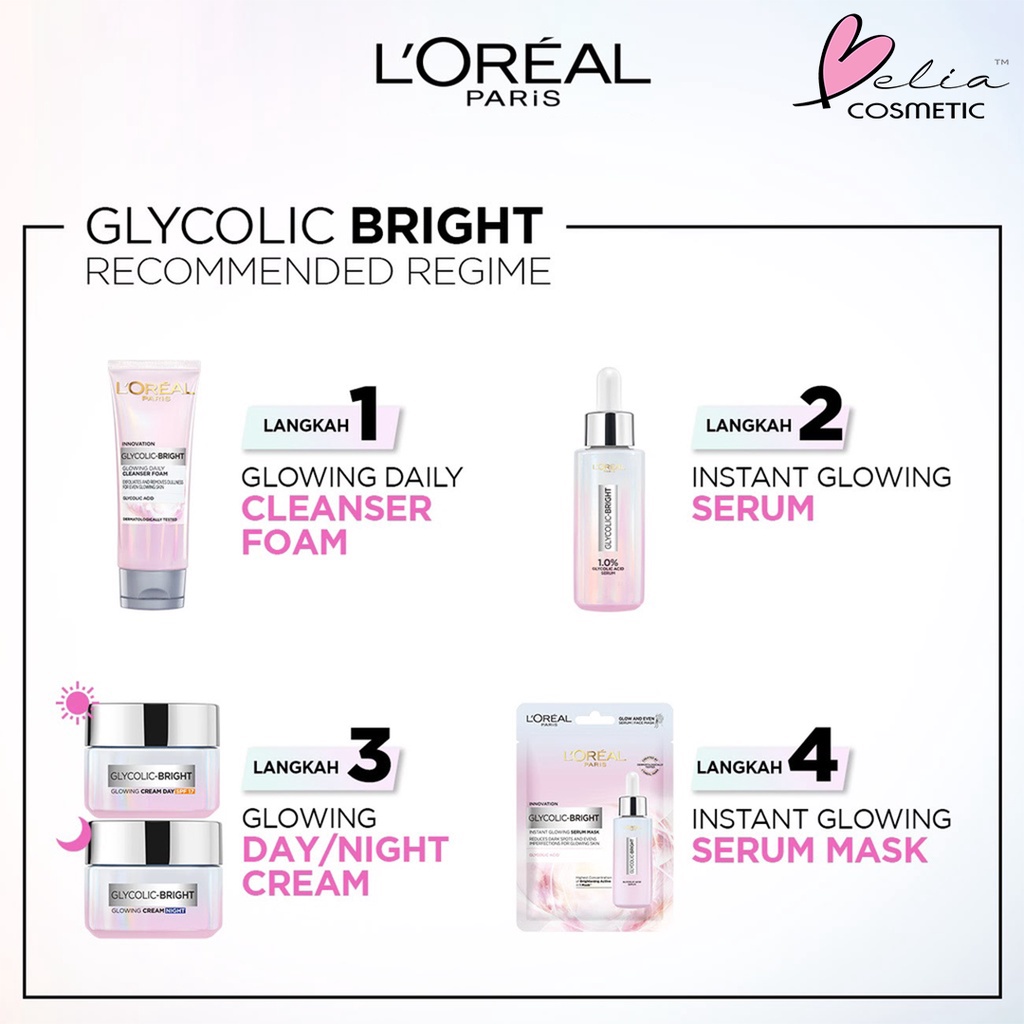 ❤ BELIA ❤ LOREAL PARIS Glycolic Bright Glowing Series | Instant Serum | Daily Cleanser Foam | Cream Day SPF 17 | Night | Mask Sheet | Acid | L'Oreal | BPOM