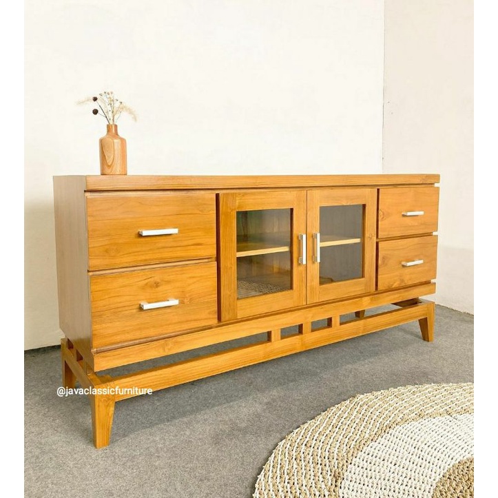 BUFET CUSTOM SCANDINAVIA KABINET TV RETRO LACI MINIMALIS KAYU JATI GRADE A BERKUALITAS FINISHING NATURAL UKURAN 150x45x75 PRODUKSI JEPARA-3