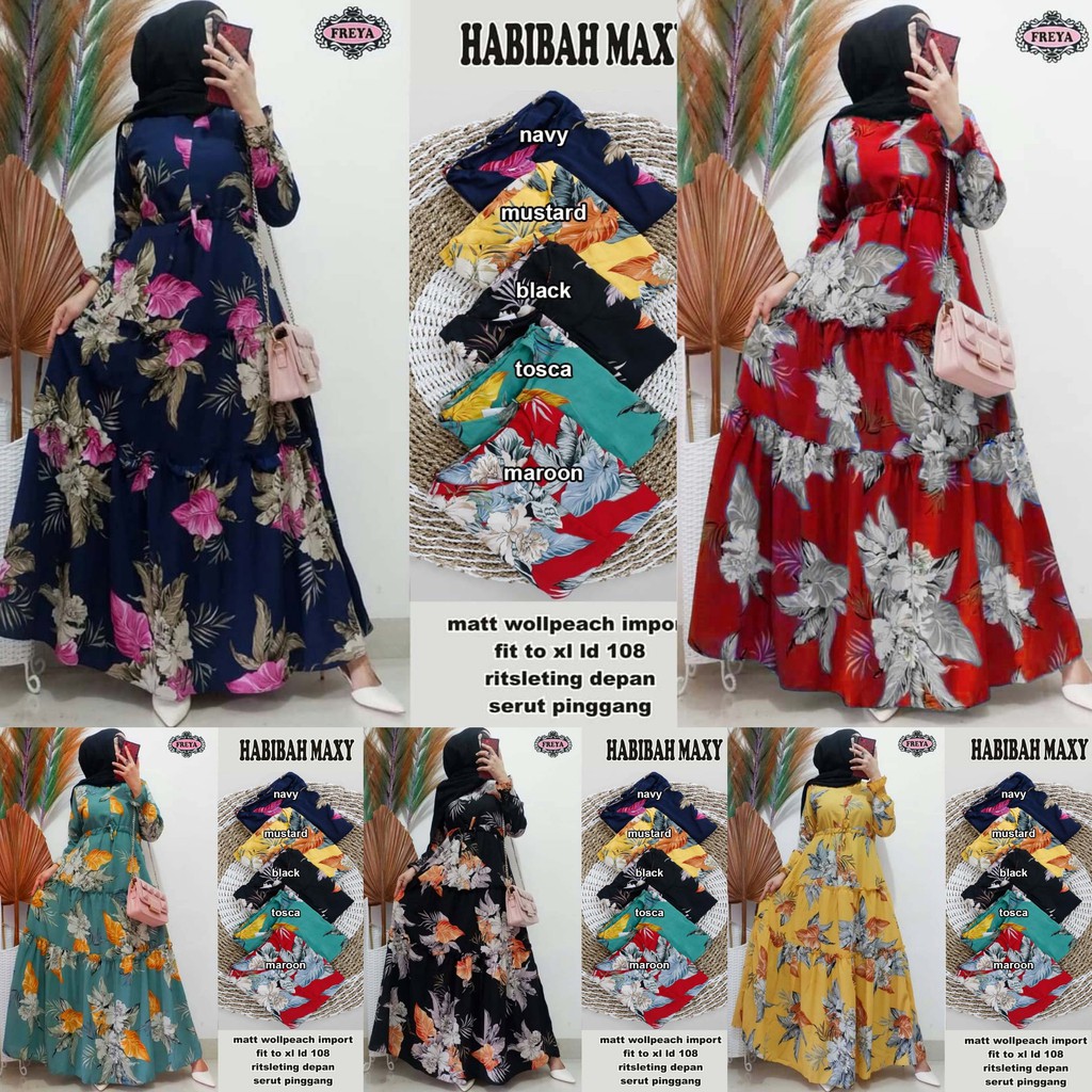 Gamis Wanita Tebaru Motif Bunga Besar Habibah Maxy Bahan Kain Monalisa