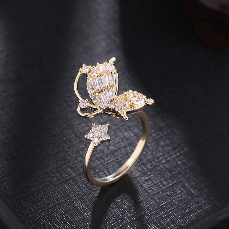 Cincin Model Terbuka Desain Kupu-Kupu Hias Berlian Gaya Simple / Elegan Adjustable Untuk Wanita