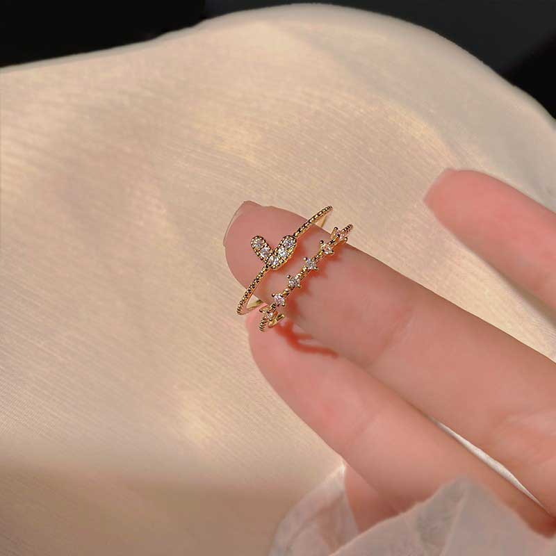 Korea Sederhana Cincin Terbuka Emas Mawar Perak Berlian Hati Cinta Lapisan Ganda Untuk Wanita Perhiasan Fashion Cincin Pertunangan Pernikahan Ukuran Teleskopik