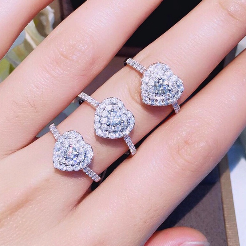 Cincin Bentuk Hati Warna Silver Bahan Cubic Zirconia Untuk Wanita