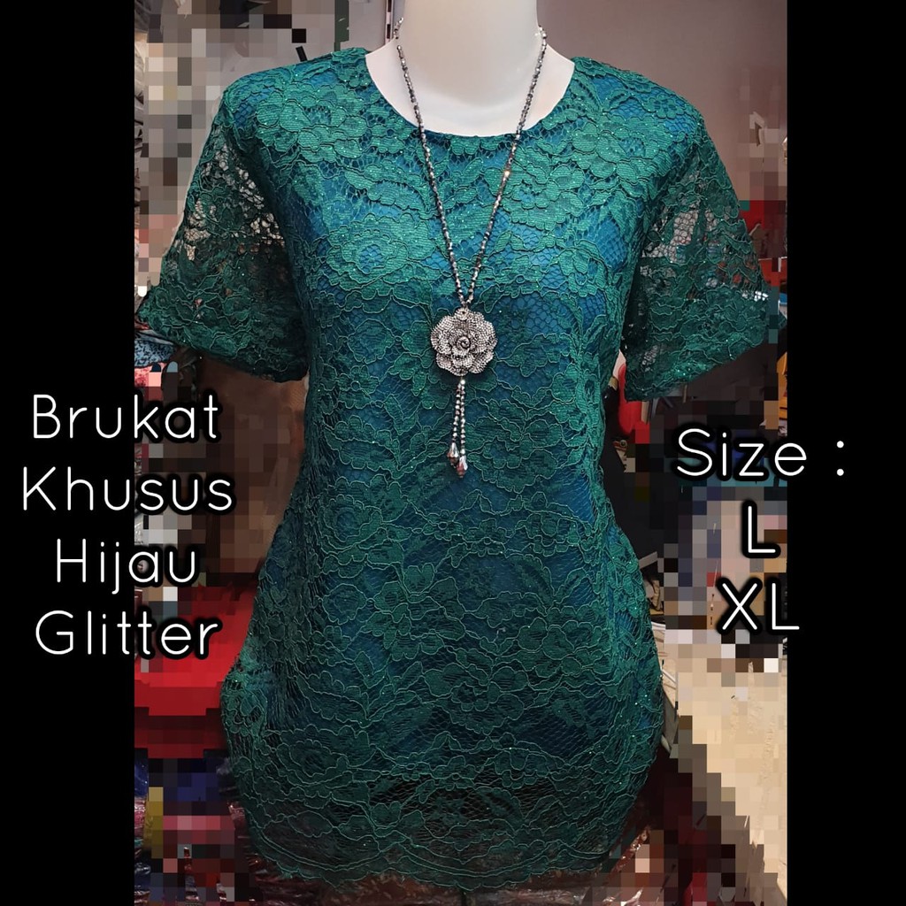 Blus Brokat / Blus Lengan Pendek Hijau Motif Bunga Mewah