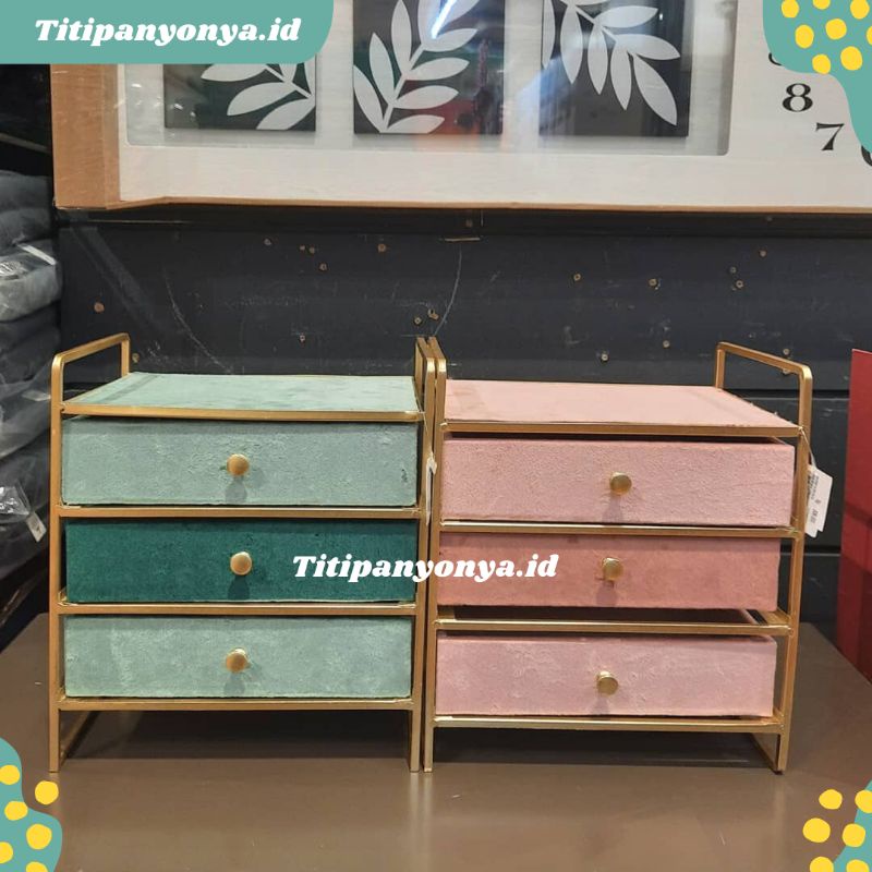 Kotak Tempat Perhiasan Gold Jewelry Organizer Box Drawer Aksesoris 3 Susun Informa