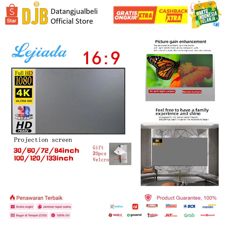 GS8 Kain Layar Proyektor Anti-light Ambient Screen Curtain Layar Proyeksi 72 / 84 /133/100 Inch LEJIADA L21 Silver