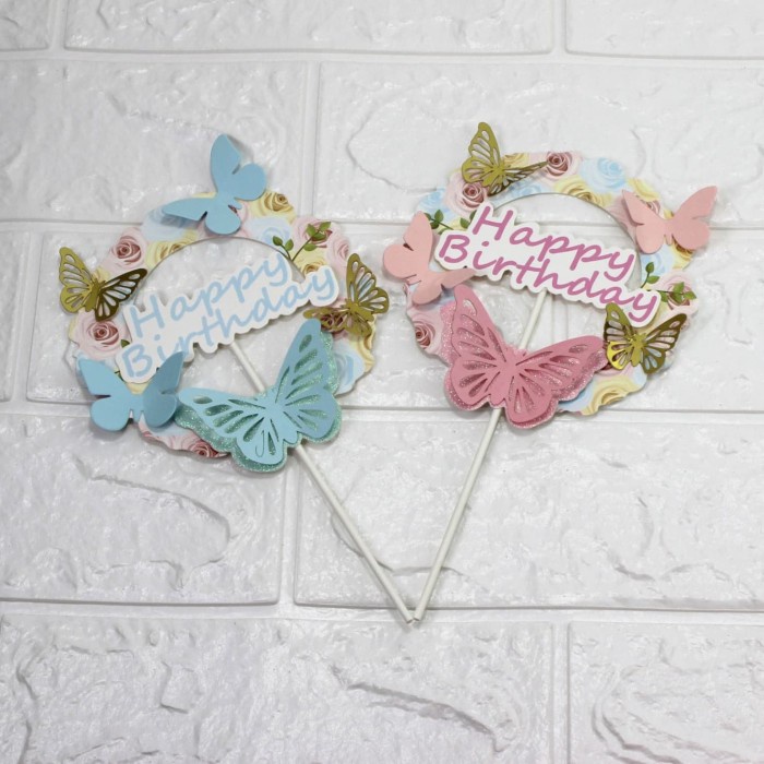 

KUE-PENGHIAS-ALAT- TOPPER CAKE / HIASAN KUE SET MODEL BULAT HBD BUNGA FLORAL PINK BLUE - MERAH MUDA