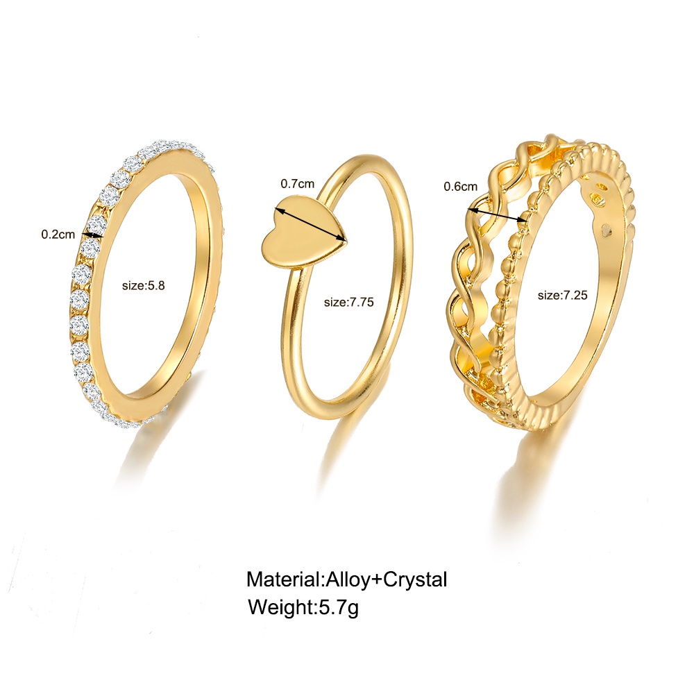 3pcs / set Cincin Model Twist Hollow Bentuk Hati Aksen Kristal Warna Emas Untuk Wanita