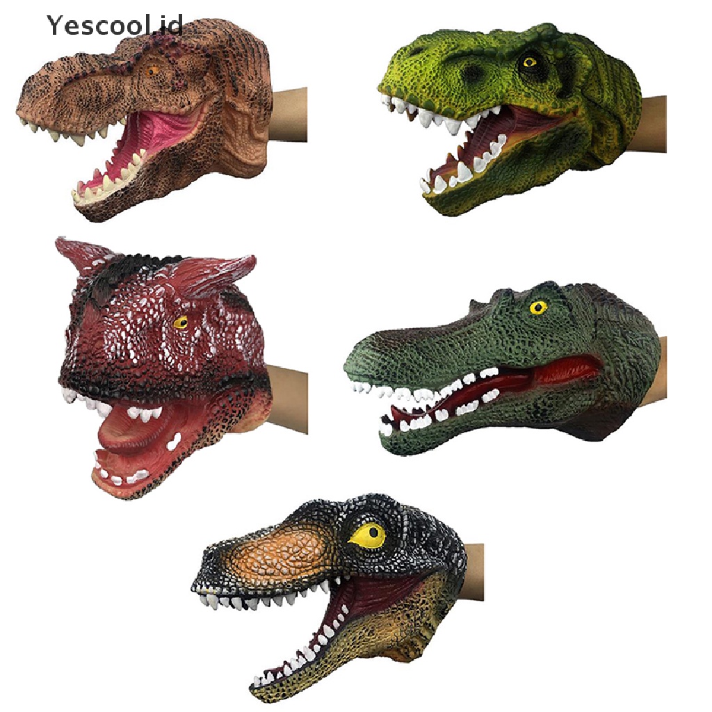 (Yescool) 1pc Mainan Boneka Puppet Tangan Bentuk Kepala Dinosaurus Bahan Karet Vinyl Lembut