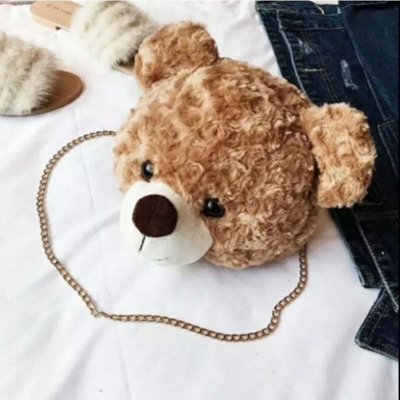 Tas Boneka Slempang Kepala Beruang Bulu Teddy Bear