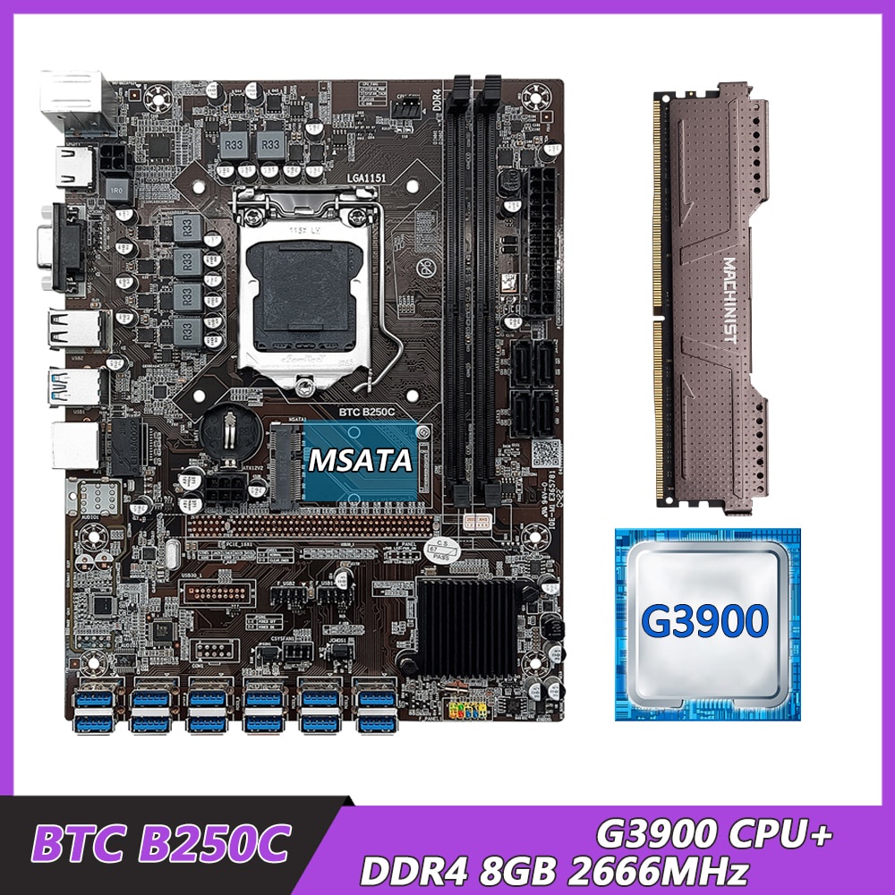 PREORDER BTC B250C Mining Motherboard LGA 1151 Kit Set With G3900 CPU 8GB DDR4 RAM MSATA +12XPCIE to USB3.0 Graphics Card Slot  ETH Miner