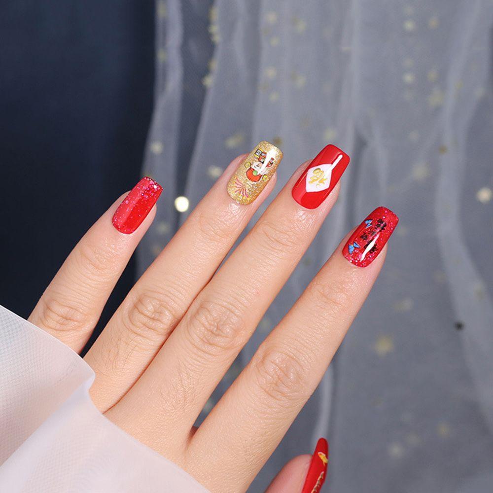 AUGUSTINA Agustina Tahun Baru Stiker Kuku Musim Semi Festival Selamat Kuku Decals Lentera 3D Aplikasi Lucky Cat DIY Nail Art Dekorasi