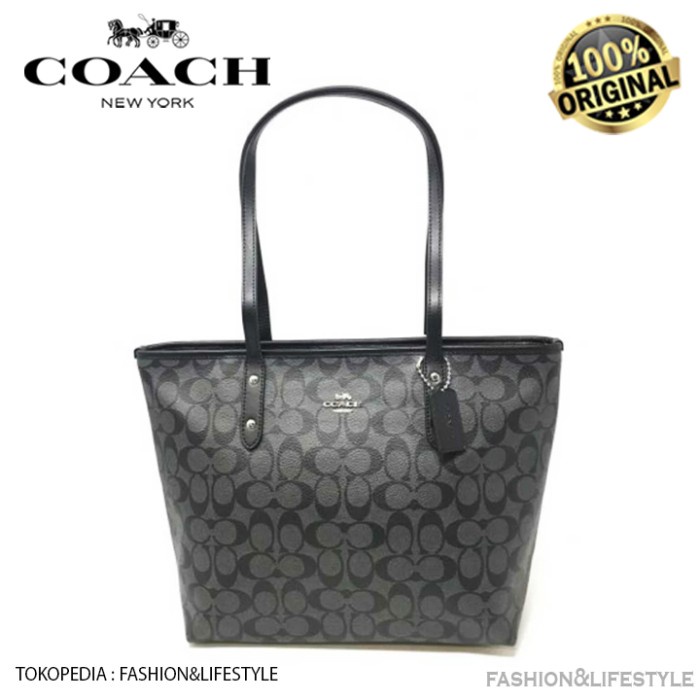 Terlaris Coach Tote Bag Signature City Zip Tote Black Grey - Original Coach