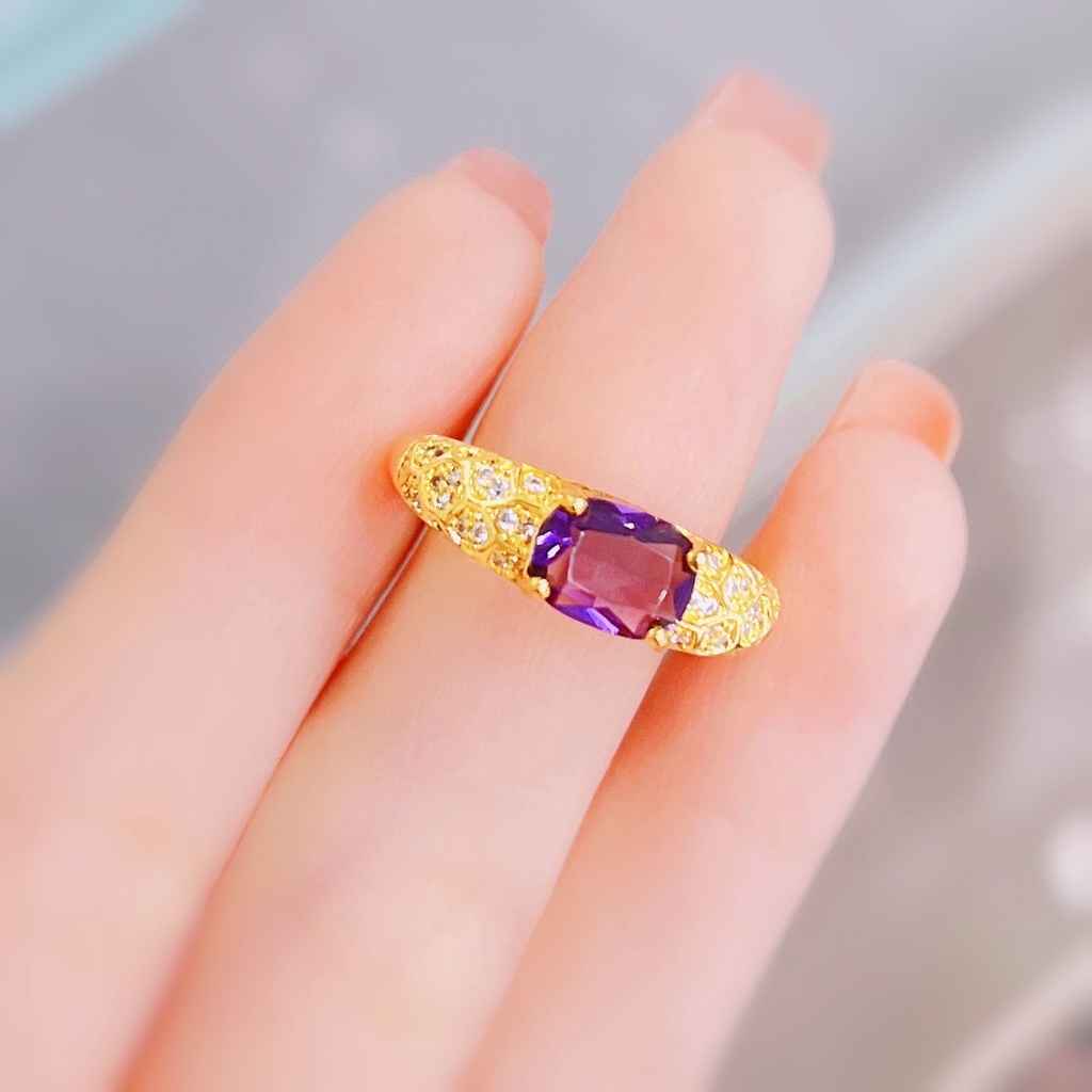 Goldkingdom Perhiasan Fashion Emas Asli Kadar 375 Bangkok Aksesoris Ready Stock Bertatahkan Uruguayan Amethyst Cincin Berlapis Emas Adjustable Wanita Cincin