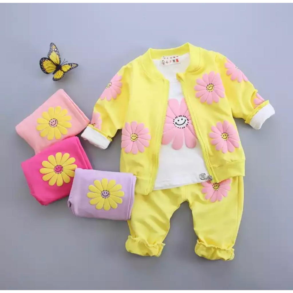 SETELAN 3 IN 1 SUN FLOWER SETELAN ANAK ANAK PEREMPUAN BAJU ANAK PEREMPUAN JAKET ANAK PEREMPUAN