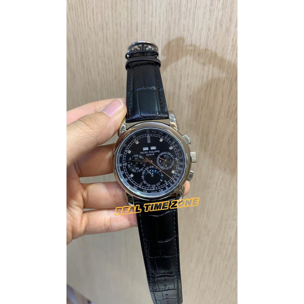 JAM TANGAN REAL PATEK PHILIP LEATHER 58152 BLACK SILVER GARANSI 1TH