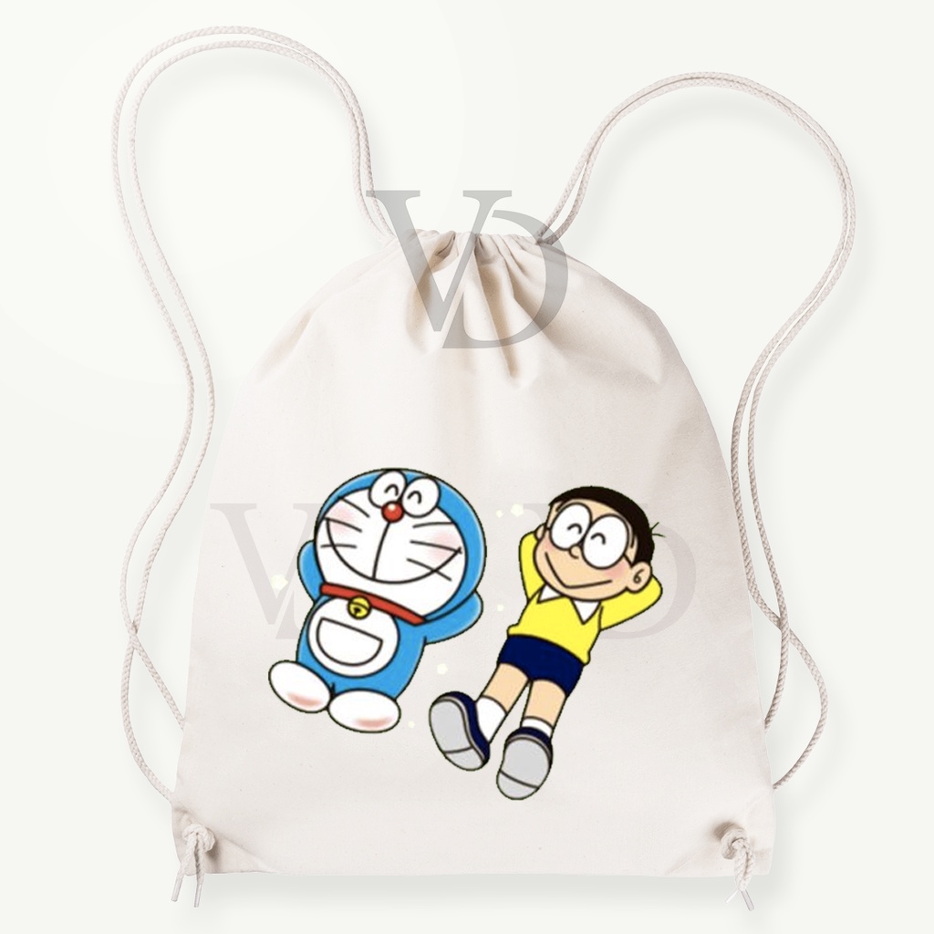 Tas Serut  kanvas  doraemon/ tas serut korea / tas lucu/ tas gendong kanvas / tas custom korea / tas motif animal