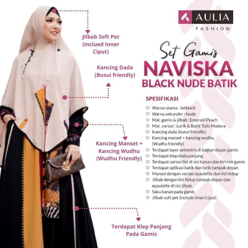 AULIA FASHION Set Gamis NAVISKA BLACK NUDE BATIK Busana Muslim Branded Original Bahan Emerald Peach 