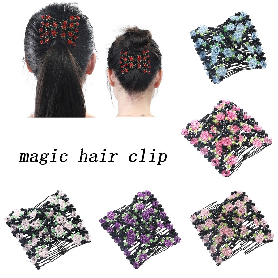 Chic Stretch Flower Bow Comb Glass Bead Hair Head Comb Cuff Double Insert Clips